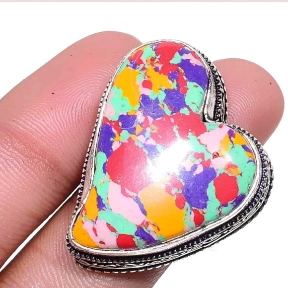 New Heart Shaped Mosaic Jasper 925 Silver Ring. - Picture 1 of 1